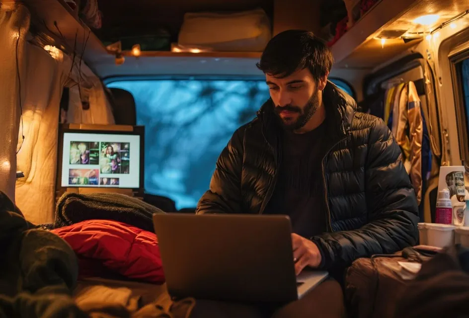 Front view man living as a digital nomad