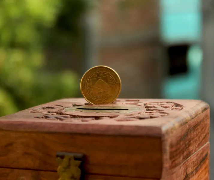 Close-up of a golden coin resting on a carved