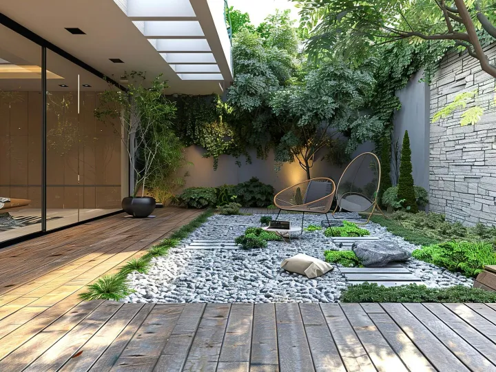 Contemporary garden with timber decking, pebble beds and two outdoor chairs
