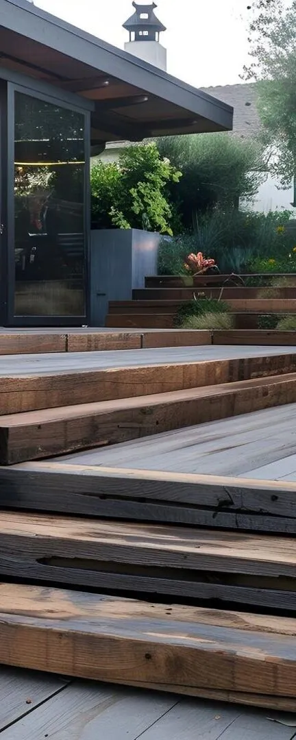 Rustic wooden patio stairs leading to a welcoming outdoor se