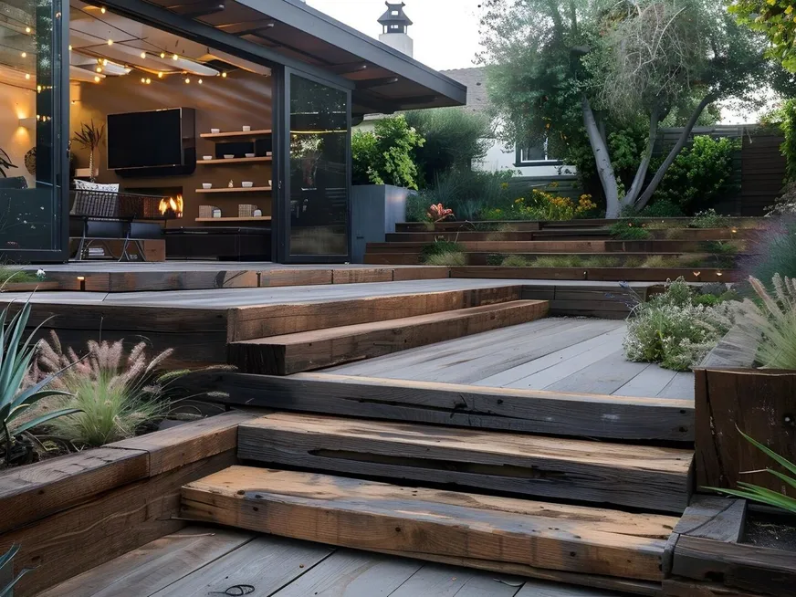 Multi-level timber decking with wide steps and planting beside a modern home