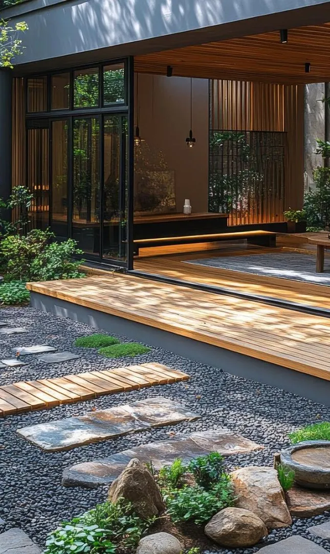 Courtyard garden with a stone water bowl, stepping stones, gravel and timber deck platforms