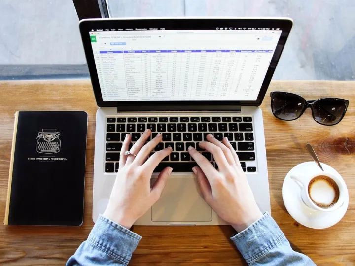 Notebook, typing, coffee, computer, hands