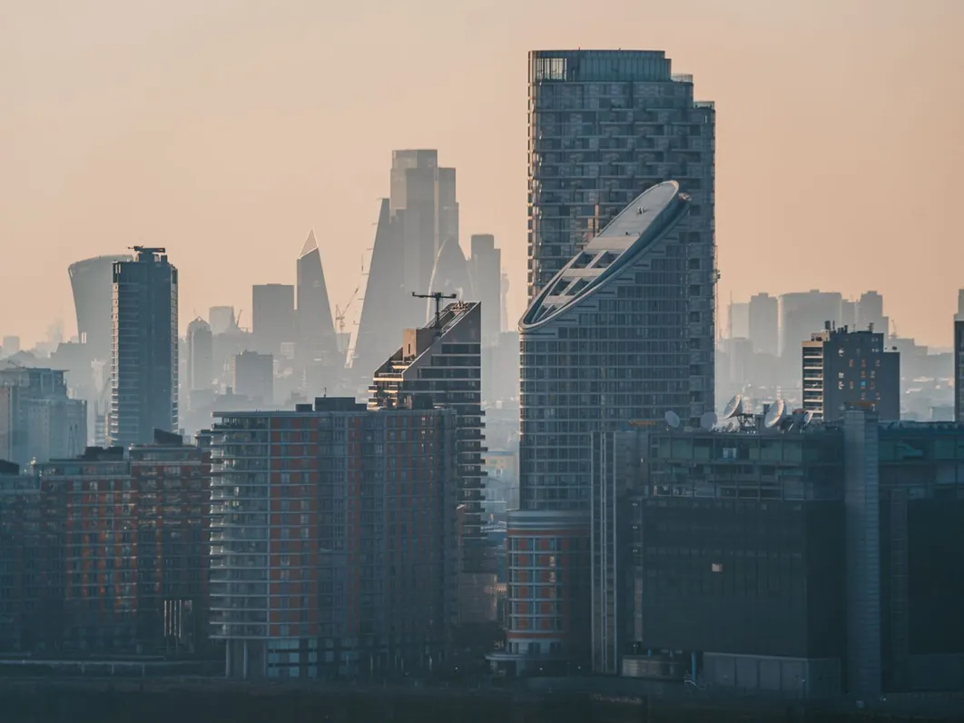 The Stratford skyline in East London at sunset