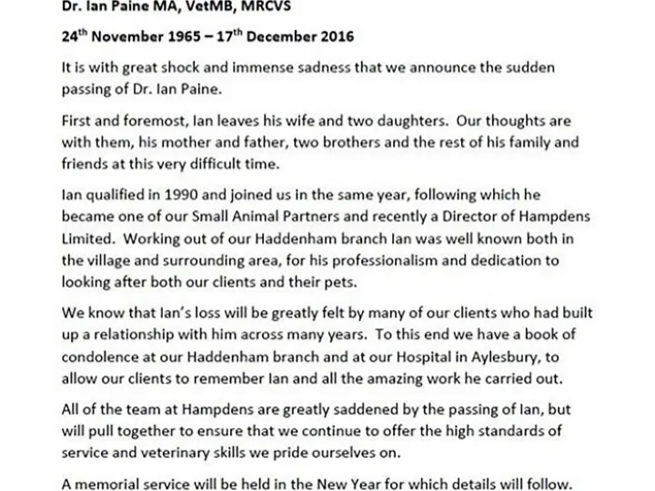 Dr Ian Paine Announcement