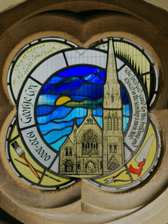 George Cox window with church