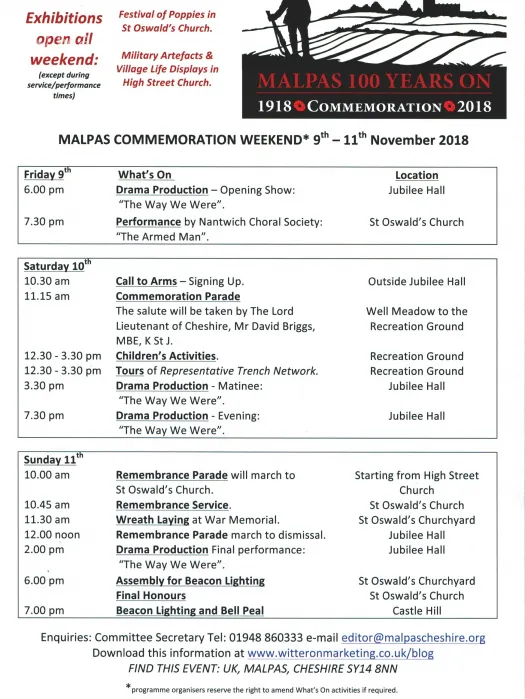 Weekend Programme – Malpas 100 Years On