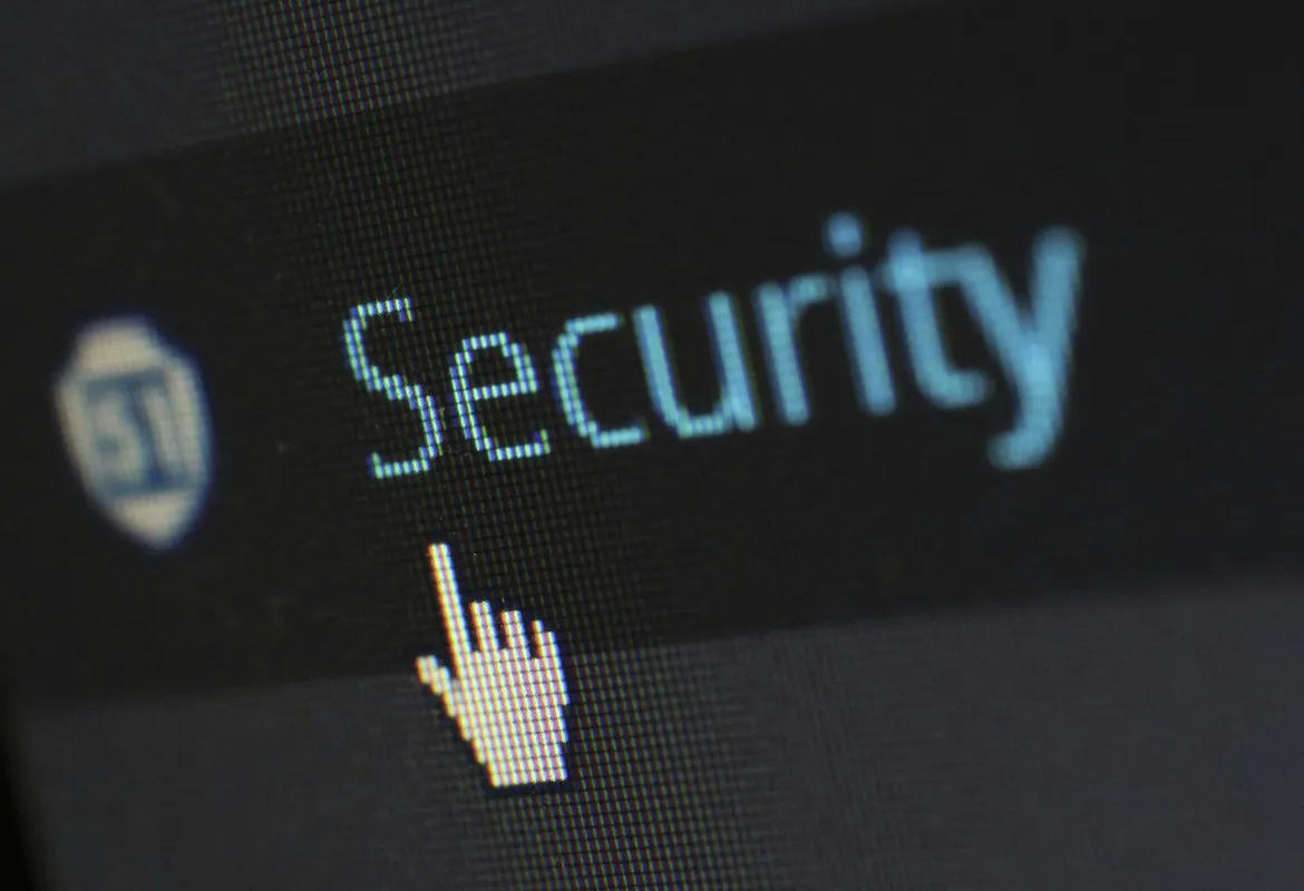 Close-up view of a mouse cursor over digital security text on display.