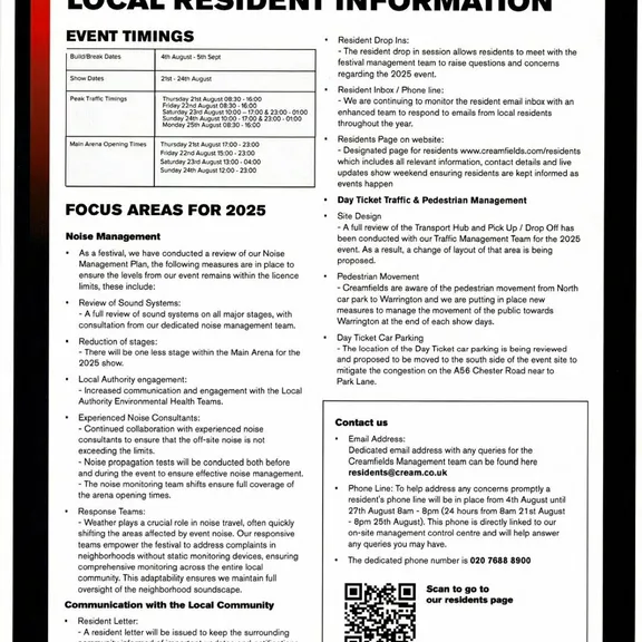 Creamfields 2025 Local Residents Info Poster