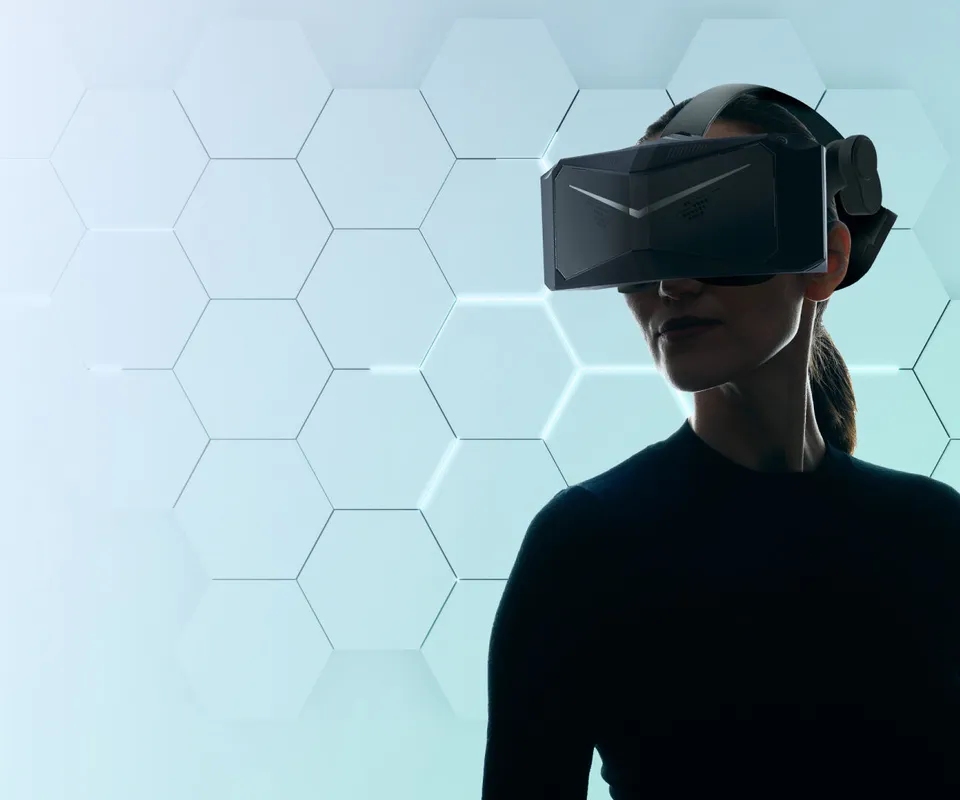 Young woman wearing a Pimax VR headset
