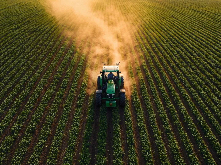 Tractor working in a green field