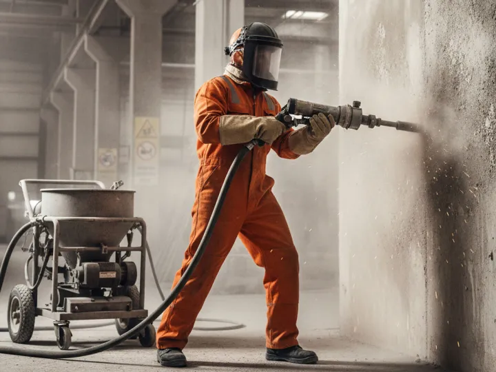 Man in protective gear using shot blasting machinery