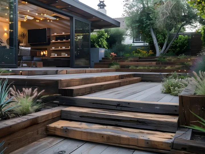 Rustic wooden patio stairs leading to a welcoming outdoor se