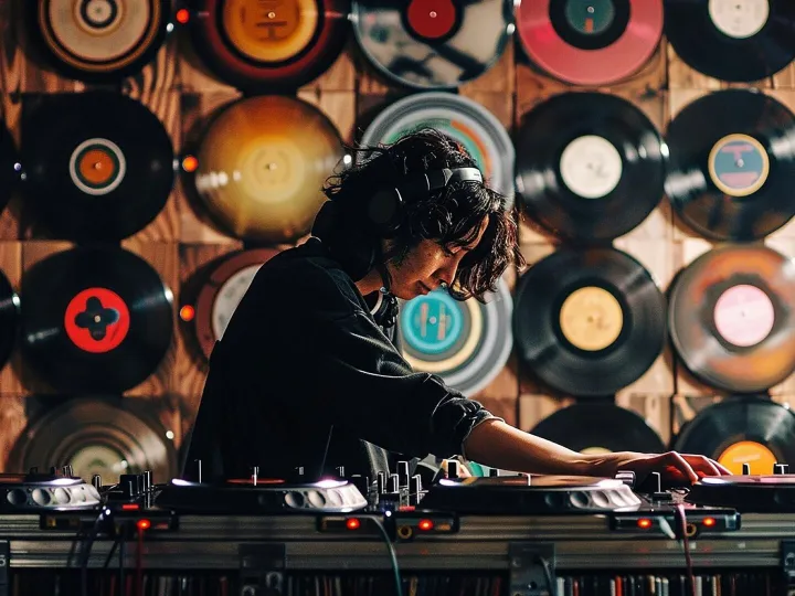 a dj is sitting in front of a wall full of music cds