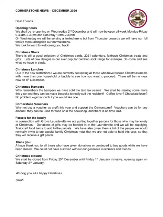 Cornerstone Friends Newsletter December 2020