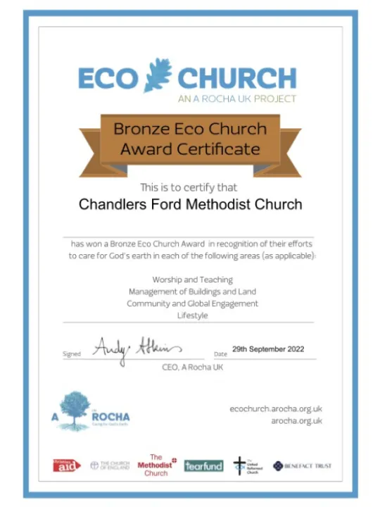 Chandlers Ford Methodist Church Bronze Eco Church Award Certificate