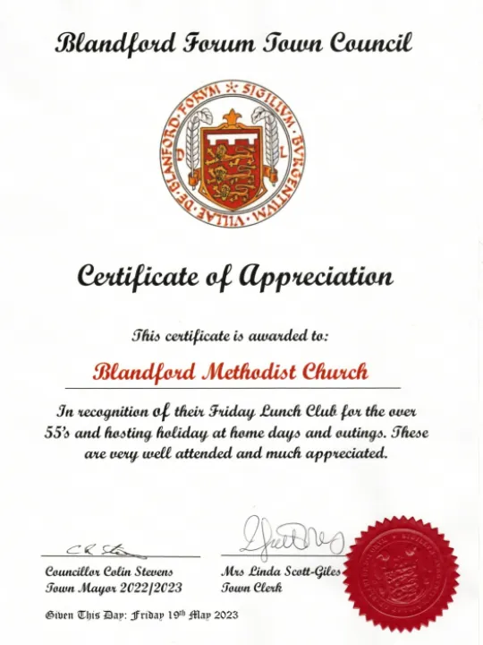 Blandford certificate of appreciation