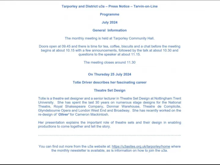 U3a   Press Notice   6 2024   July Fb