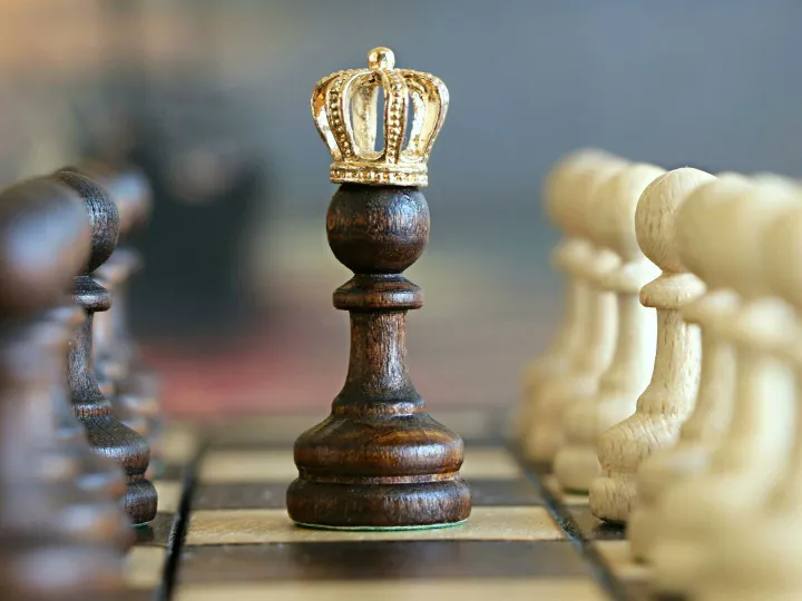 A brown pawn with a crown stands prominently on a chessboard, symbolizing strategic play.