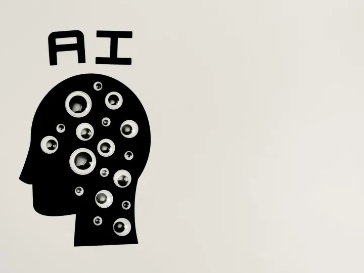 Abstract illustration of AI with silhouette head full of eyes, symbolizing observation and technology.
