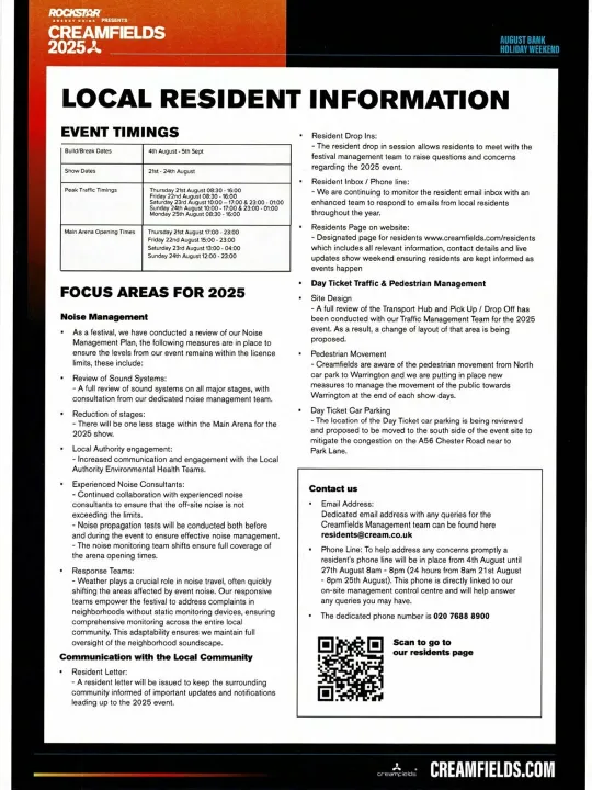Creamfields 2025 Local Residents Info Poster