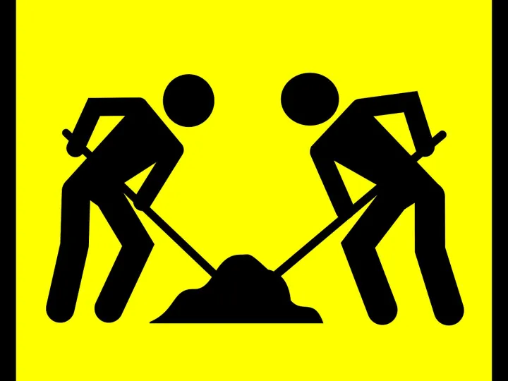 Road sign, roadsign, road work, men, worker
