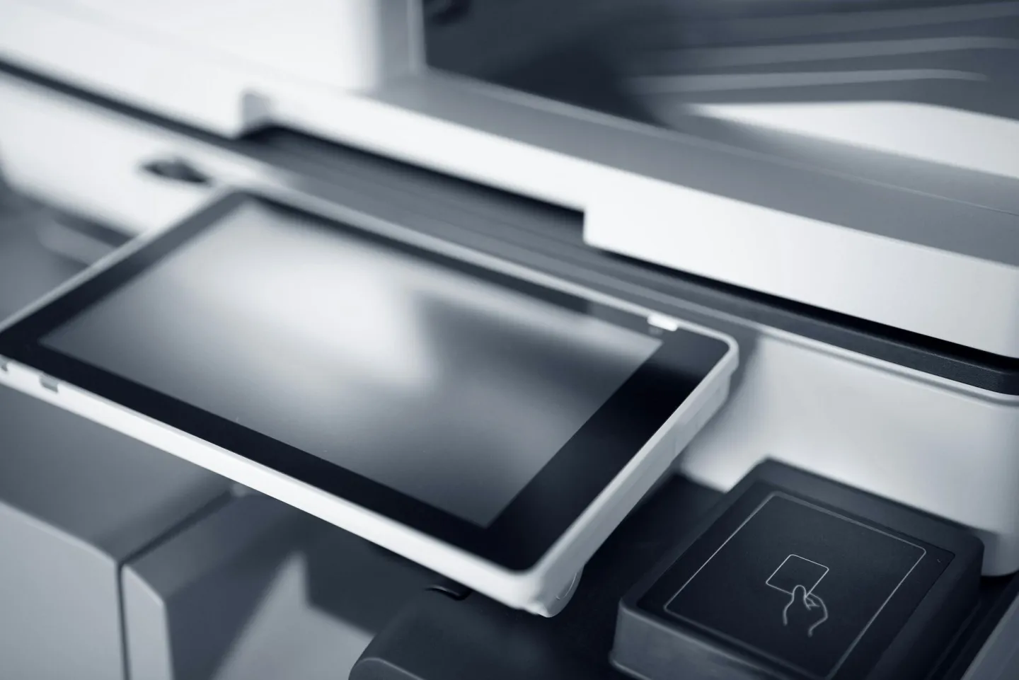 Close-up of a modern printer with a touchscreen