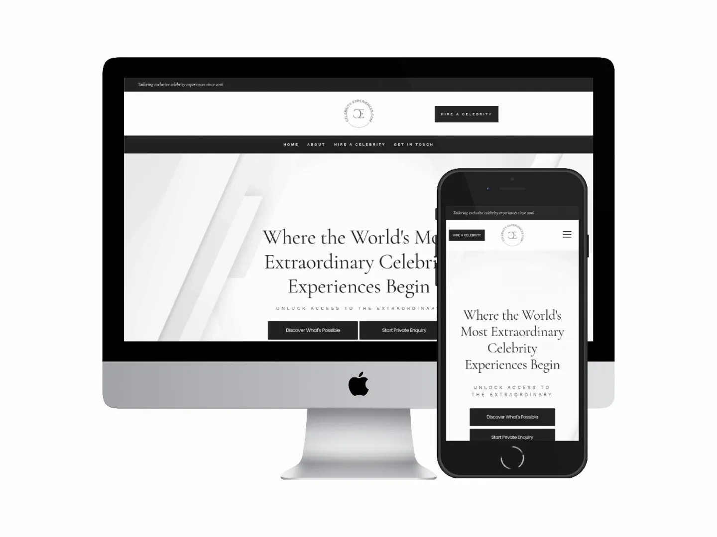 Desktop and mobile screenshots of the Celebrity Experiences website