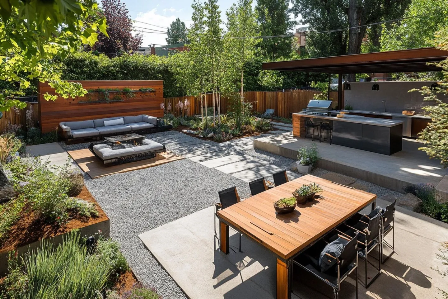 Landscaped garden with outdoor seating, a dining table and an outdoor kitchen