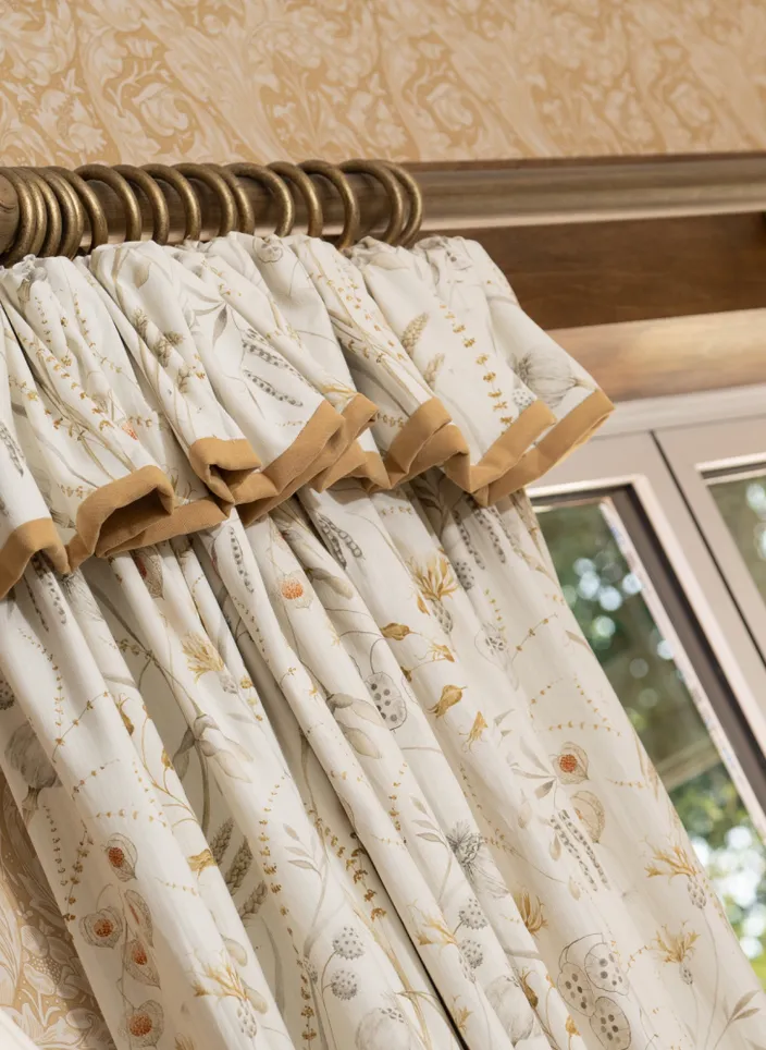 Cottage heading curtains in peach