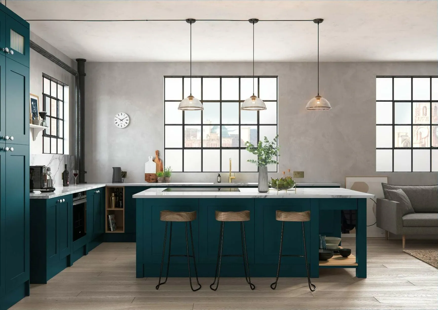 Alku Teal L-Shaped Shaker Open Plan Kitchen With Island 1.jpg