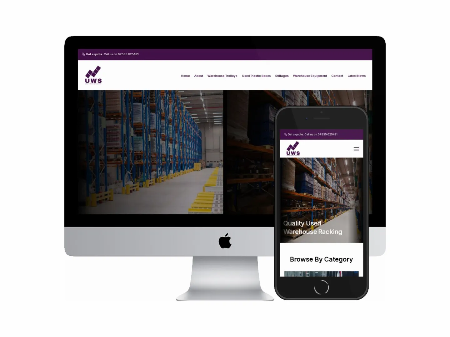 Desktop and mobile screenshots of the Used Warehouse Solutions website