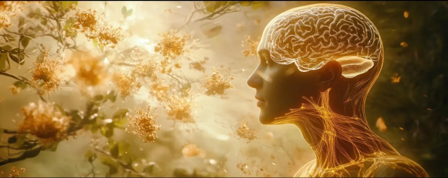 Mindful Nature Golden brain serene face amidst falling bloss