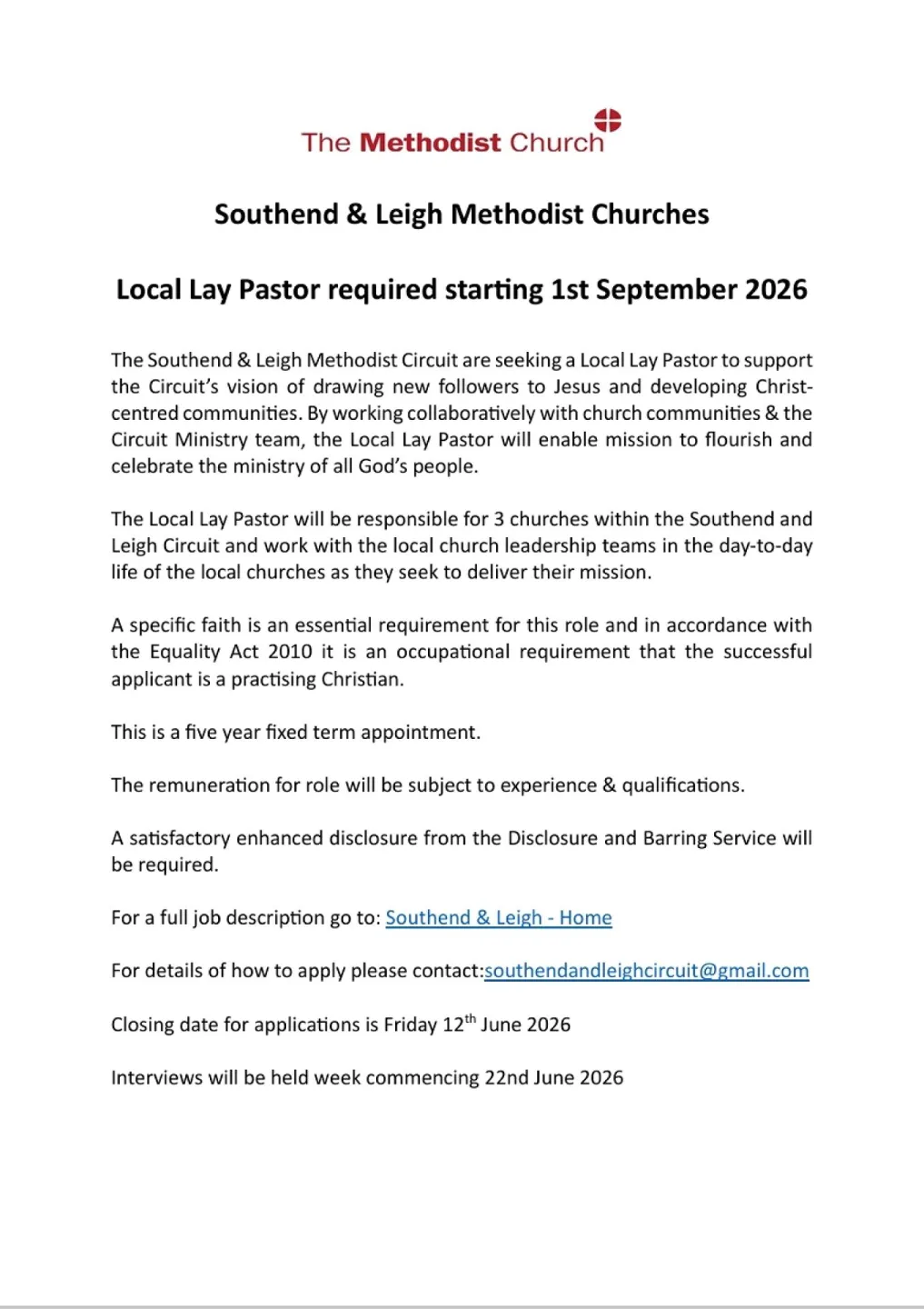 Southend and Leigh Circuit &ndash; Local Lay Pastor Adve