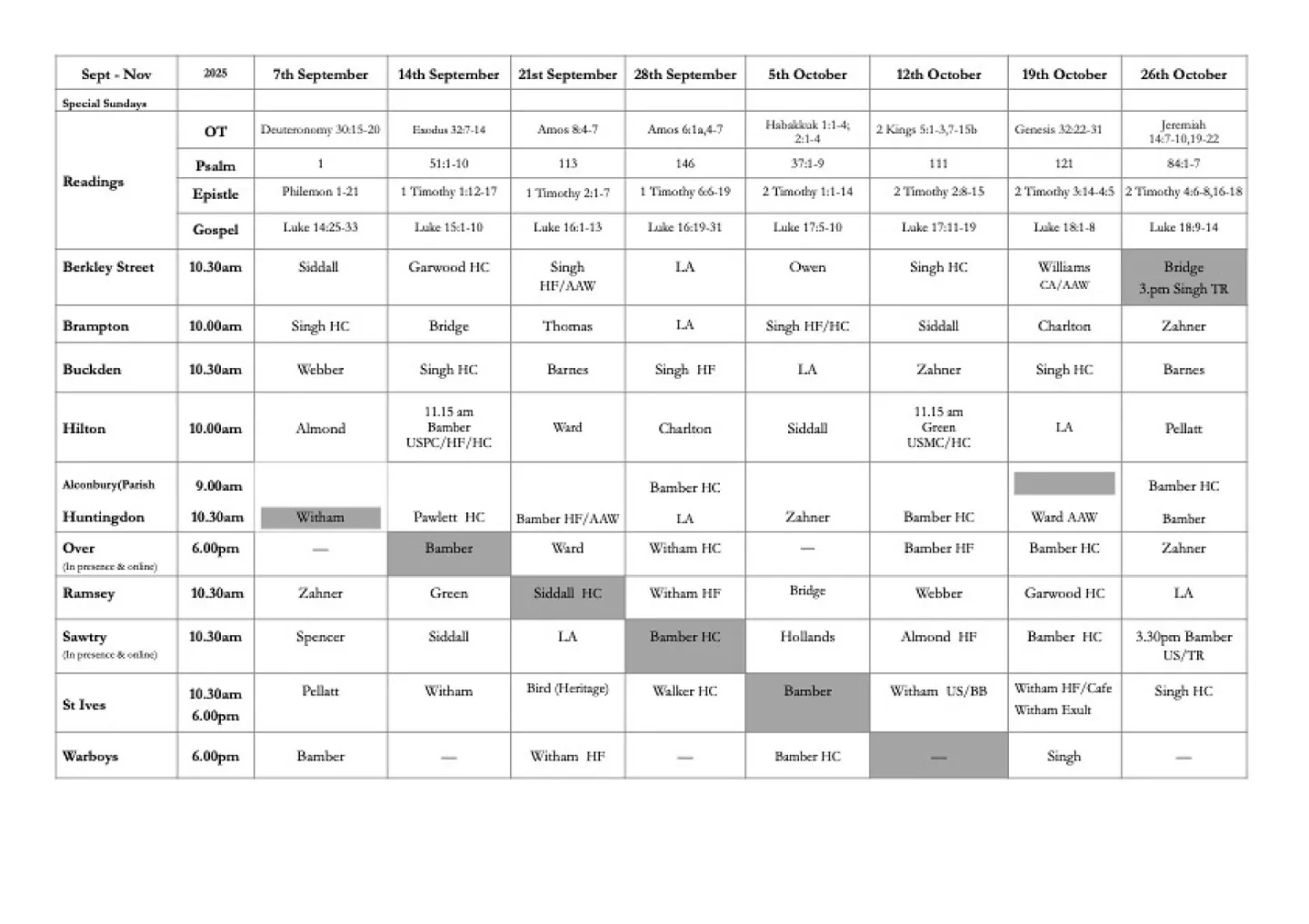 Worship Opportunities Sept – October 2025