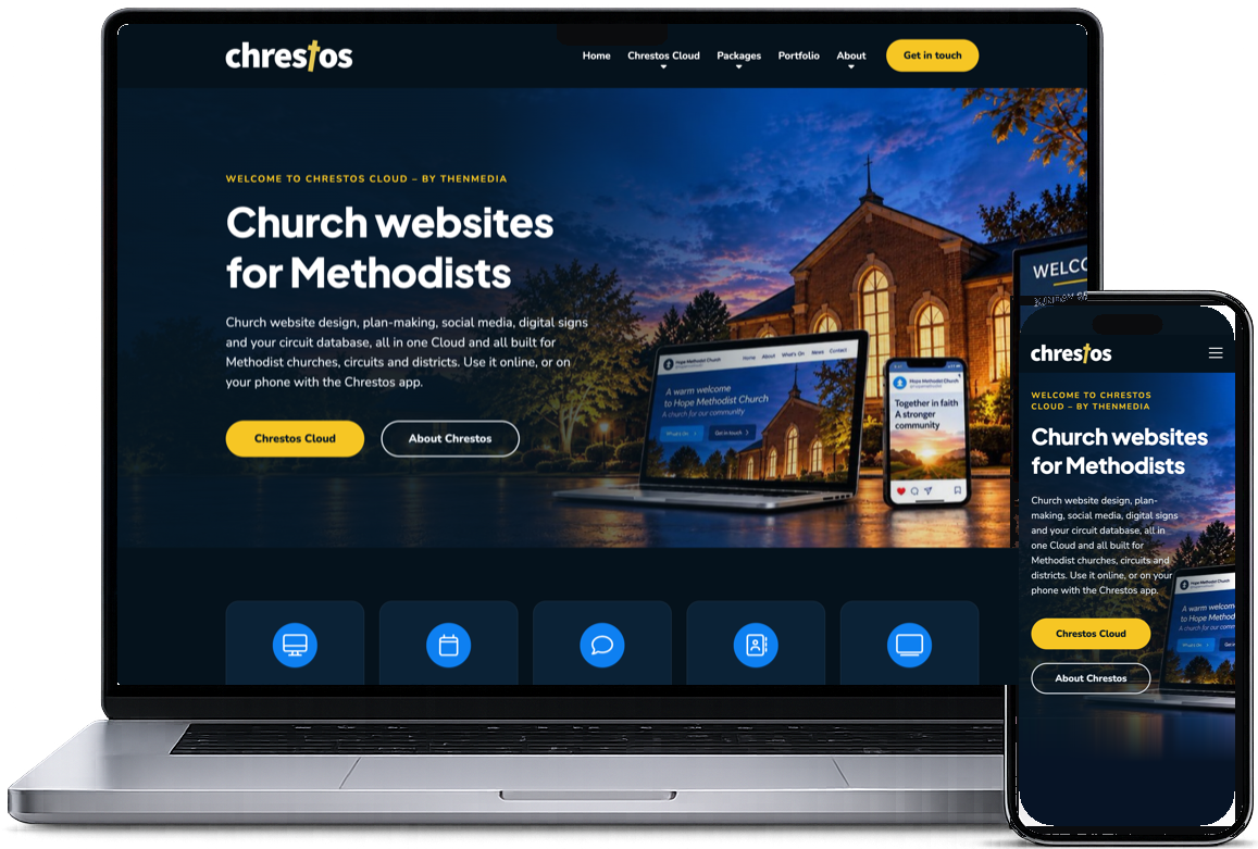 Chrestos church website shown on a laptop and a phone
