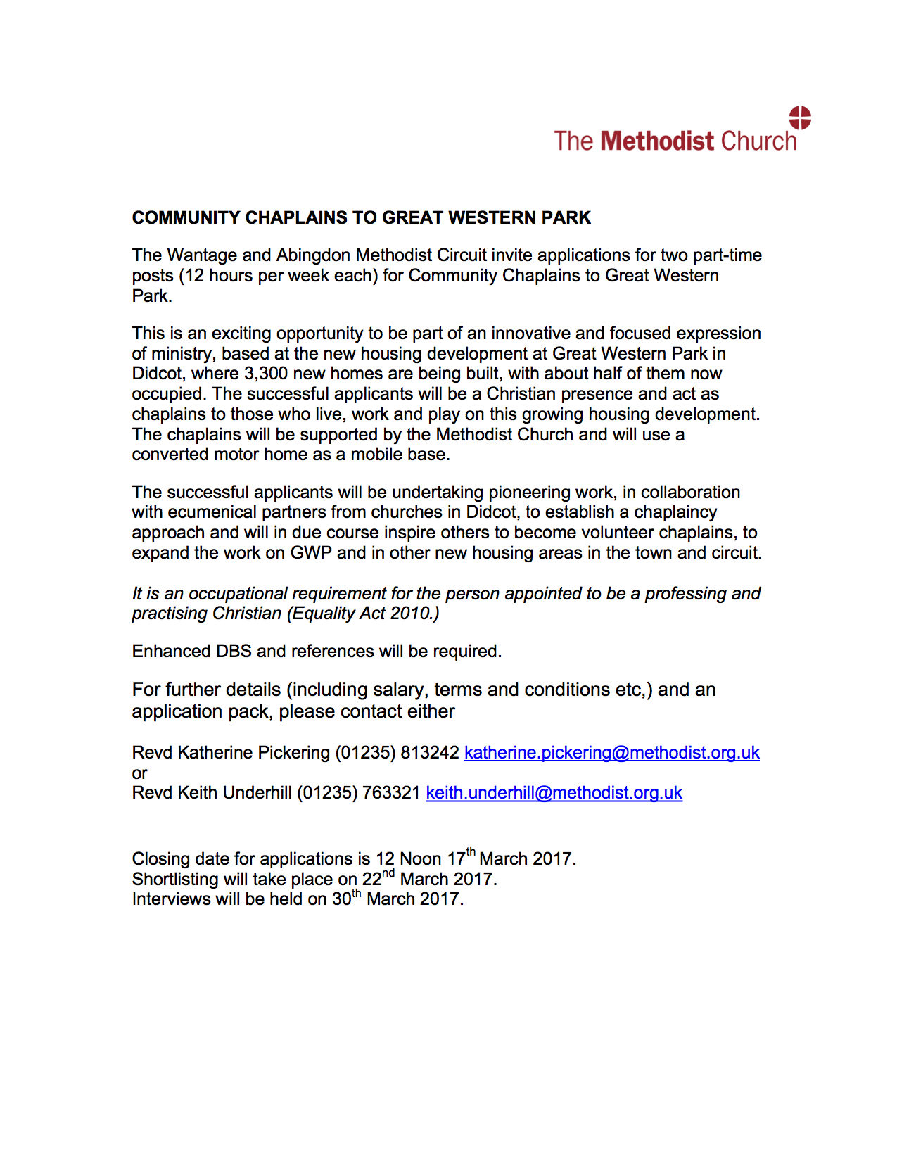 Advert – COMMUNITY CHAPLAINS TO GREAT WESTERN PARK