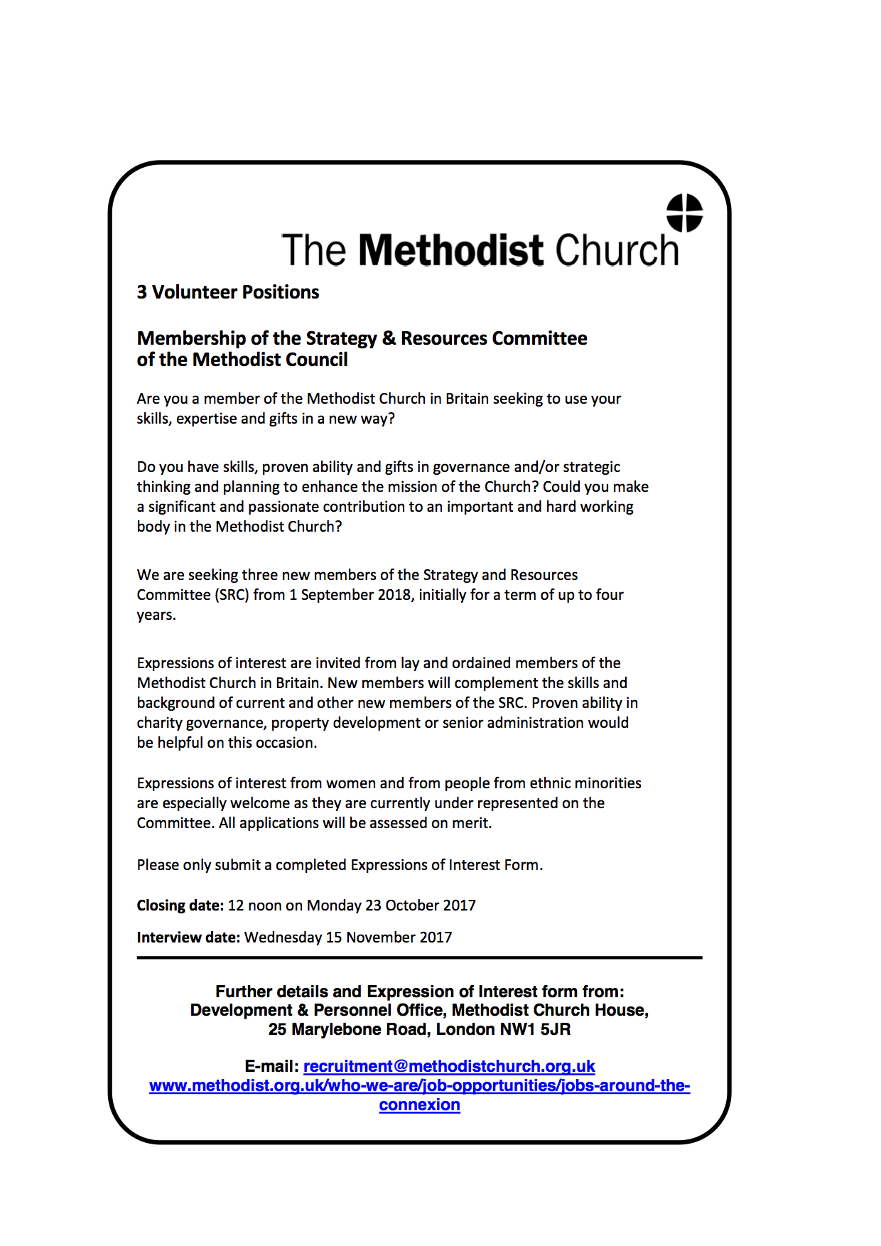 3 Volunteer Positions – Strategy & Resources Committee of the Methodist Council