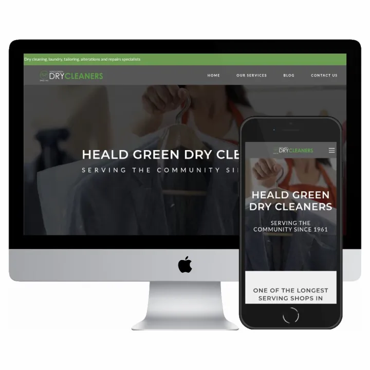 Desktop and mobile screenshots of the Heald Green Dry Cleaners website