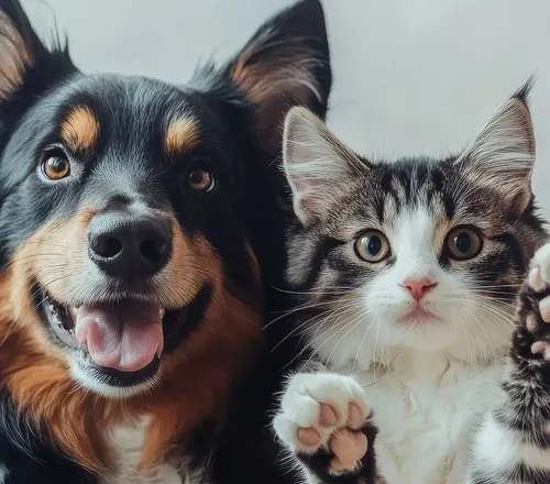 View of cats and dogs showing friendship
