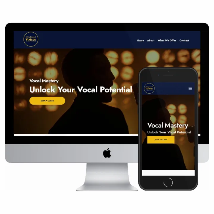 Desktop and mobile screenshots of the Highland Voices Singing Academy website