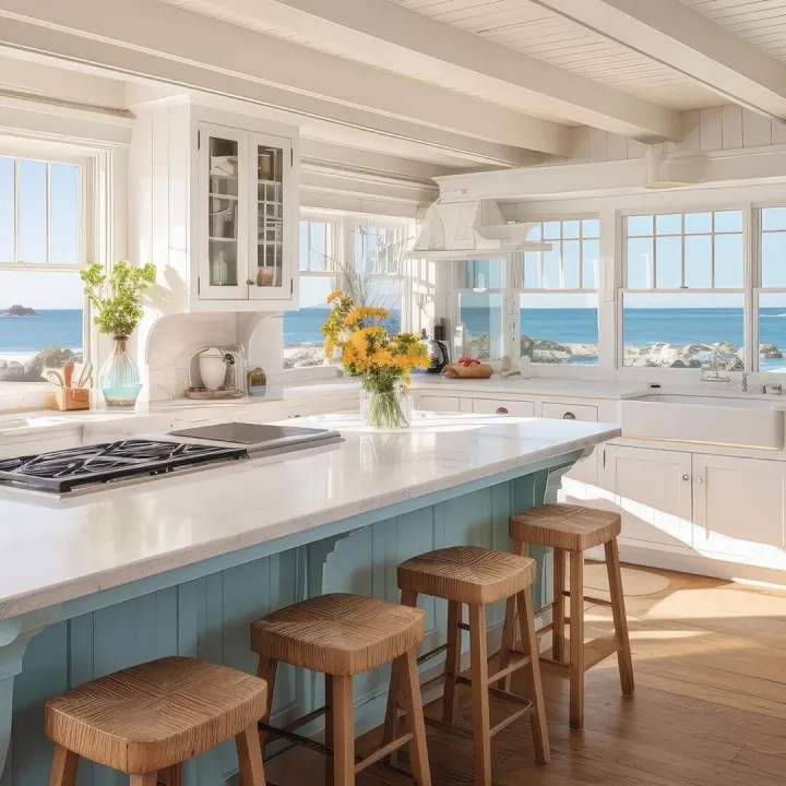 A coastal style living room with pale timber and nautical detail