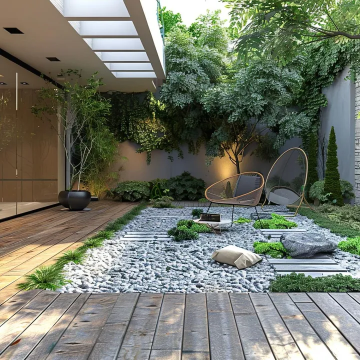 a garden with rocks and plants and a patio area with a bench