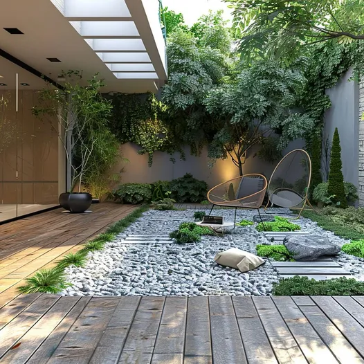 Contemporary garden with timber decking, pebble beds and two outdoor chairs