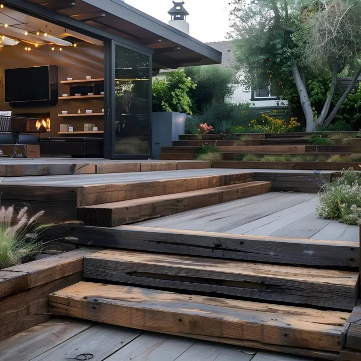 Multi-level timber decking with wide steps and planting beside a modern home