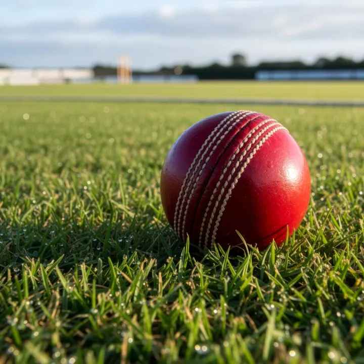 Close-up of a vibrant red cricket ball on a grass