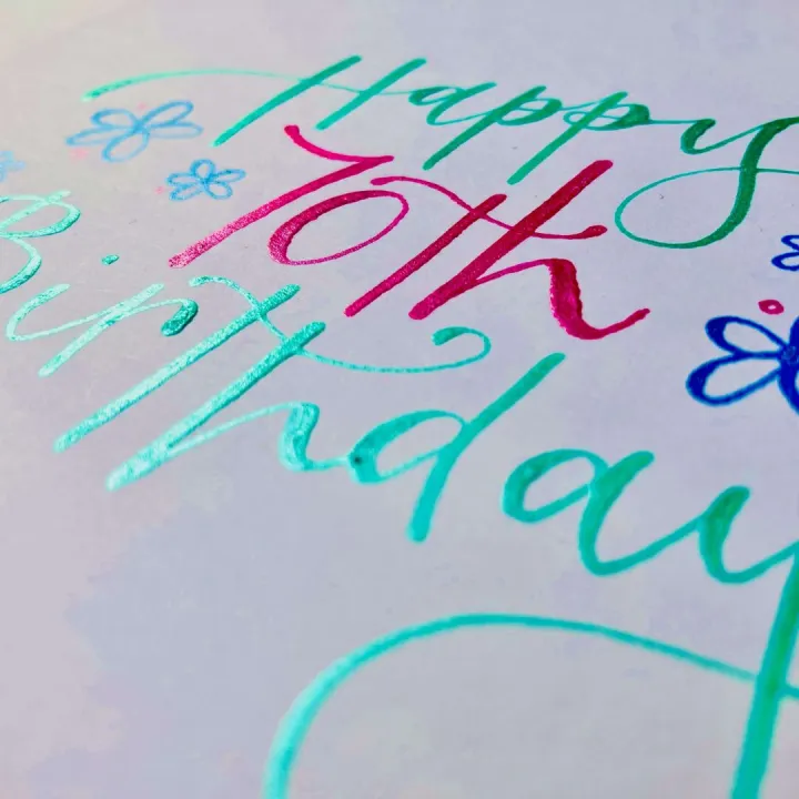 Turquoise and pink brush lettering with hand drawn flowers on a birthday card
