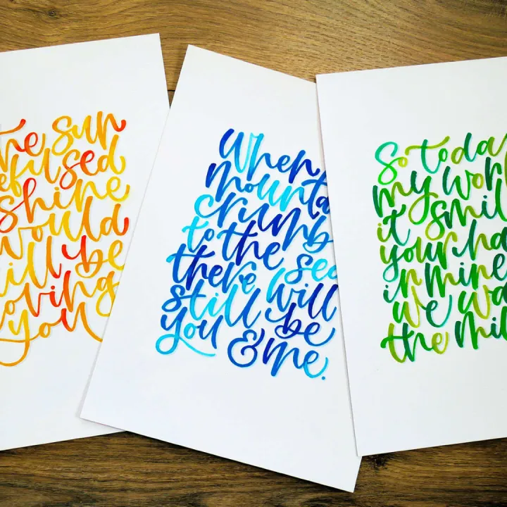 Three hand lettered quote cards in sunrise orange blue and green