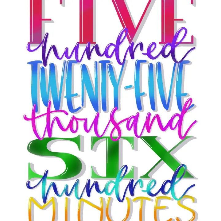 Hand lettered five hundred twenty five thousand minutes quote print in a colourful gradient design, digital artwork made in Procreate