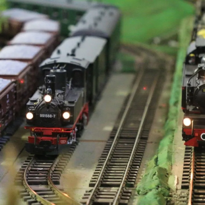 Two model steam locomotives on the layout in the hall at St Peter's